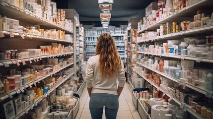 Female Shopper in Skincare Aisle Evaluating Product Choices - obrazy, fototapety, plakaty