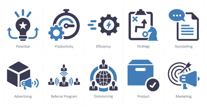 A set of 10 increase sale icons as potential, productivity, efficiency