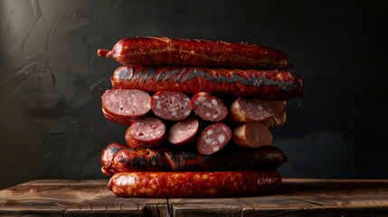 A savory selection of grilled sausages stacked on a wooden board with cuts. - obrazy, fototapety, plakaty