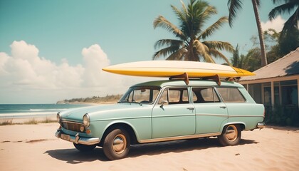 vintage car parked on the tropical beach (seaside) with a surfboard on the roof - Leisure trip in the summer. retro color effect