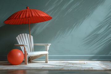 Lounge chair with cushion under a red umbrella beside an orange ball, set against a neutral backdrop. Home comfort and leisure concept. Design for interior decoration, relaxation themes, and home life