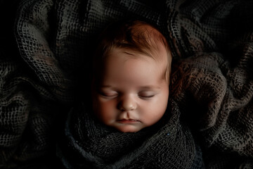 A sleeping newborn baby swaddled or wrapped in a dark colored blanket 