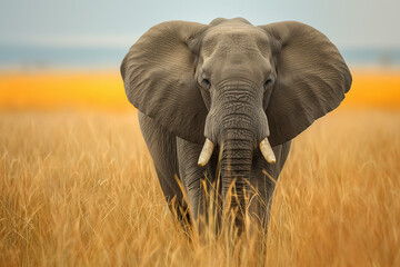 Fototapeta premium A commanding African elephant stands in golden grasslands, its majestic presence a powerful symbol of wildlife and conservation.