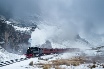 A vintage steam train powers through a stark snowy landscape, its red carriages contrasting sharply against the monochrome world of winter.