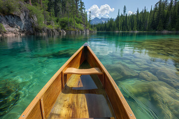 Obraz premium The view from a wooden canoe journeying down a tranquil river, flanked by lush greenery and the promise of adventure around the bend.