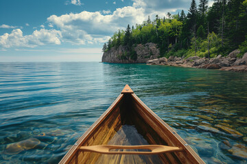 The bow of a wooden canoe navigates through the clear waters of a serene lake, flanked by rugged...