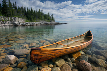 A handmade wooden canoe rests on the pebbled shore of a tranquil lake, with clear waters reflecting a serene, cloud-streaked sky and forested coastline. - obrazy, fototapety, plakaty