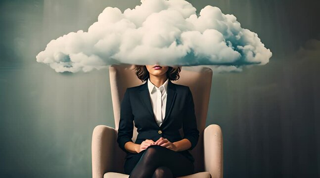 business woman with head inside cloud mental health concept
