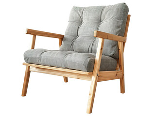 an image of a Scandinavian-style light wood frame armchair with a gray fabric seat isolated on a white background PNG