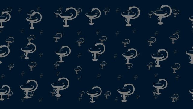 Medicine symbols float horizontally from left to right. Parallax fly effect. Floating symbols are located randomly. Seamless looped 4k animation on dark blue background