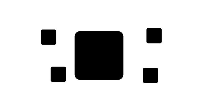 Zoom in and out animation the rounded square symbol. Large black symbol in the center and four small symbols around. Seamless looped 4k animation on white background