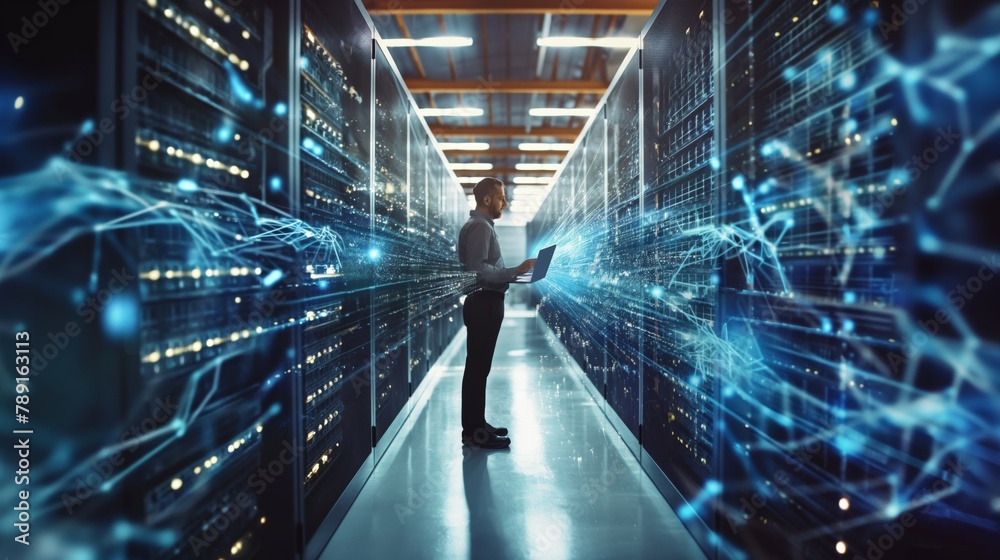 Poster A businessman in data center is actively exploring new technologies and methods data analysis to develop innovative strategies for security and storing information in cloud storage. Futuristic concept
