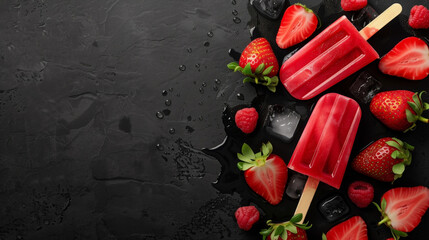 Gourmet fruit popsicles with fresh strawberries and raspberries on a dark wet background.