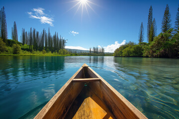 Obraz premium The bow of a wooden canoe navigates through the clear waters of a serene lake, flanked by rugged cliffs and lush greenery under a vibrant blue sky.