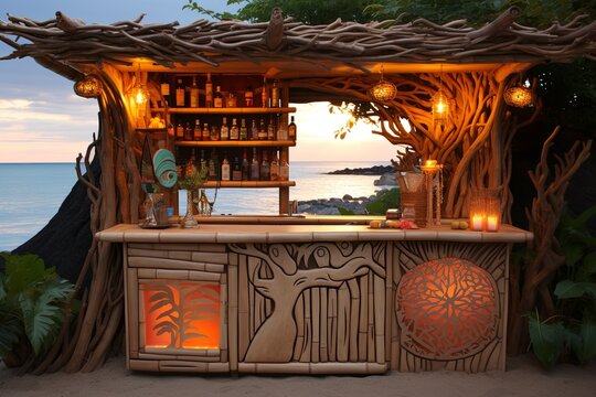 Tropical Tiki Bar Patio Inspirations: Driftwood Art Pieces & Sunset Canvas Showcase