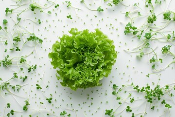 A scattering of alfalfa sprouts surrounding a central cluster of lettuce on a white canvas - obrazy, fototapety, plakaty