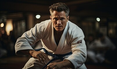 Man in White Kimono Holding Black Belt