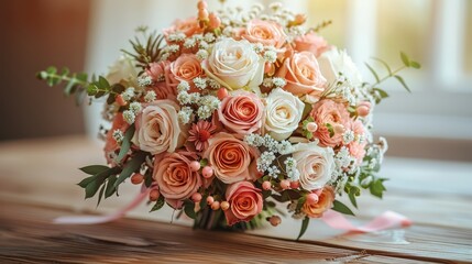 Obraz premium A pink-ribbon adorned bouquet of pink and white flowers atop a weathered wood table