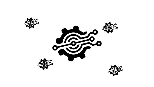 Zoom in and out animation the digital tech symbol. Large black symbol in the center and four small symbols around. Seamless looped 4k animation on white background