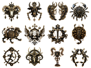 Set of steampunk zodiac signs on transparent background. Astrology and jewelry concept. Horoscope illustration for set, collection, sticker, design elements
