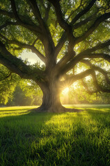 Sunlight breaks through the grand limbs of an ancient tree, casting a warm glow on the lush green grass below.