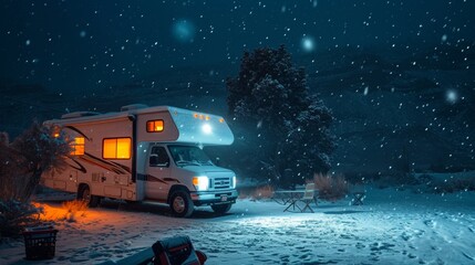 RV truck in snow field in winter in rugged land.