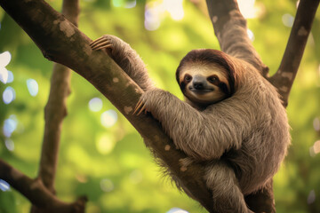 Naklejka premium A sloth on a branch of a tree in the rainforest.
