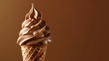 A swirl of creamy chocolate soft serve ice cream in a waffle cone against a brown background