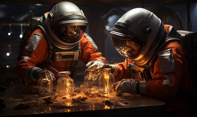 Astronauts Conducting Experiments in Martian Lab - obrazy, fototapety, plakaty