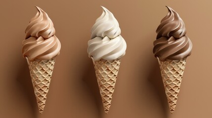 Three soft serve ice cream cones with different flavors on a tan background