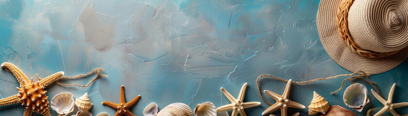 Blue grunge background with seashells and straw hat., banner
