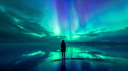 A person stands by ice snow lake with beautiful aurora northern lights in night sky in winter. - Powered by Adobe