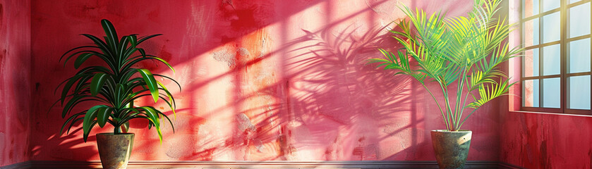 Pink concrete room with two plants and sunlight shining through the window., banner