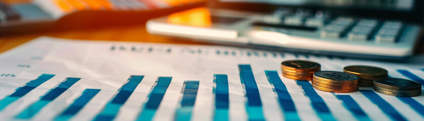 Stacks of coins on a bar graph, banner