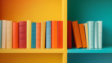 Colorful books on shelves against bicolor background.