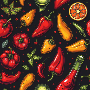 seamless pattern with hot chili peppers, jalapeno, cayenne, habanero, serrano, tabasco sauce, lemon, lime, basil, mint, cilantro