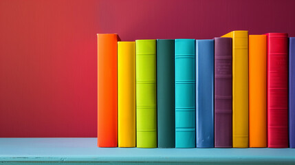 Colorful books lined up against red background.