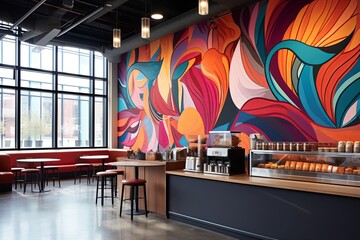 Vibrant Color Flow Graphics Elevating the Modern Coffee Shop Aesthetic - obrazy, fototapety, plakaty