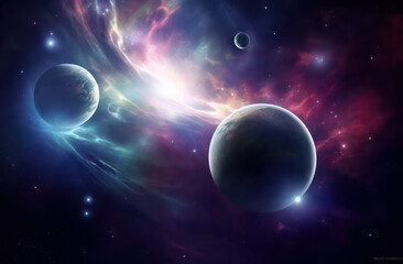 Obraz na płótnie Canvas Three planets in space, with nebula and star background, fantasy art style, vibrant colors.