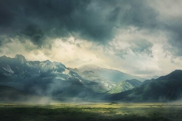 : A brush painted landscape of a mountain range under a stormy sky - Powered by Adobe