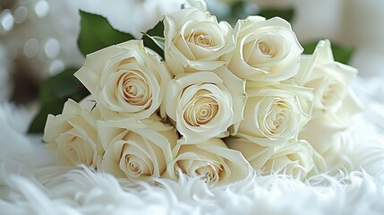 Obraz premium A white rose bouquet atop a fluffy, white-furnished bed
