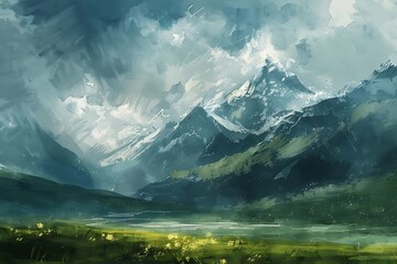 : A brush painted landscape of a mountain range under a stormy sky - obrazy, fototapety, plakaty