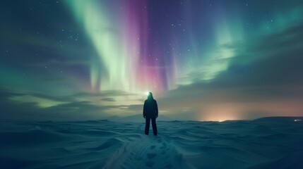 Obraz premium A person stands in snow field with beautiful aurora northern lights in night sky in winter.