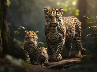mother leopard with cubs in the jungle. AI generated