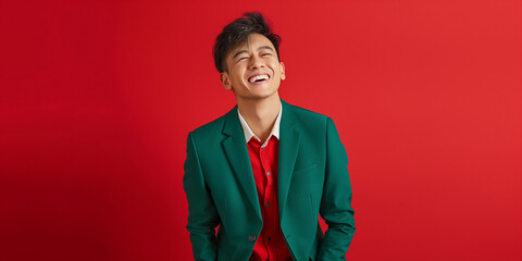 Collection full length handsome asian man lifestyle in green casual outfit on isolated red color background. Young Asian man happy smile in studio. Business online concept realistic stock photography
