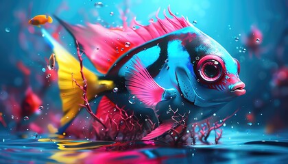 Capture the enchanting beauty of a mystical underwater world with bold strokes in acrylic paint Show vibrant marine life through unexpected camera angles for a mesmerizing effect