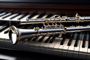 Flute with piano. Flute on piano keys. Wind instrument for musical design of concert creativity