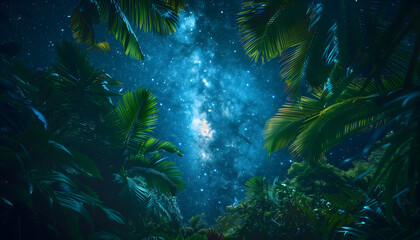 A serene tropical night, where the sky is adorned with a blanket of stars. Through the canopy of palm leaves, you're greeted by countless twinkling stars