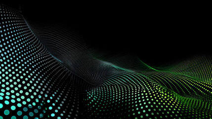 Flowing dot particles wave pattern blue and green gradient light isolated on black background. Vector in concept of AI technology, science, music.