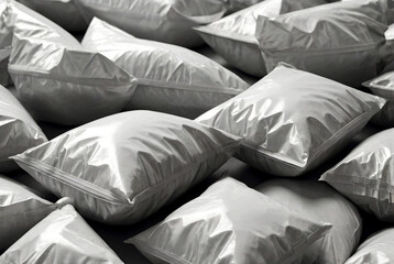 White nylon construction bags full of unknown contents. Bags of sand or cereals or garbage. Collection, packaging, sorting, warehousing at factory or store. Stacked. Texture background of white bags